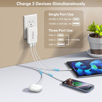 Slim Flat 60W USB C Charger, 3-Port Flodable Phone Fast Charging Block - color: 1-Pack White