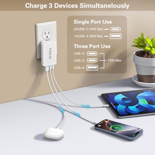 Slim Flat 60W USB C Charger, 3-Port Flodable Phone Fast Charging Block - color: 1-Pack White