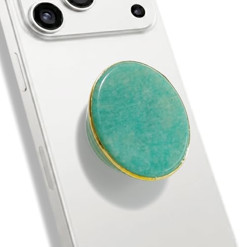 Natural Gemstone Phone Grip Collapsible Cell Phone Holder & Expanding Kickstand, Authentic Oval Crystal with Gold Edge (Amazonite, Adheisve Base) - color: Amazonite