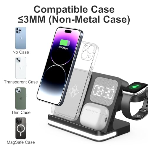 7 in 1 Wireless Charging Station Compatible with Apple Multiple Devices iPhone, AirPods, and Apple Watch - Phone Wireless Charger Fast Charging with Night Lamp and Clock(Black)