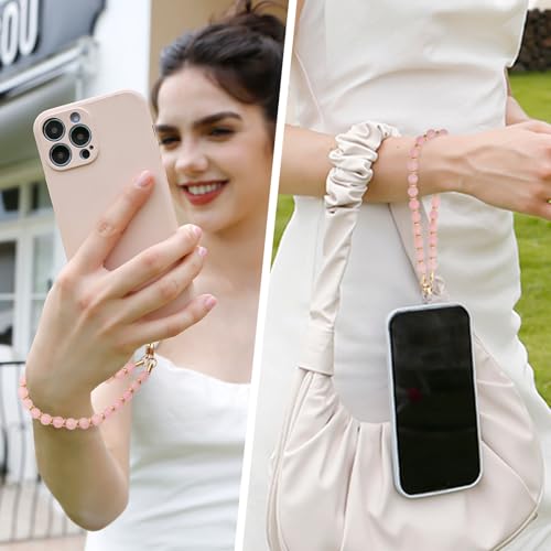 Phone Charm Wrist Strap Marble Beaded Chain Detachable Bracelet Lanyard Hand Wristlet Strap Fashion Accessories Finger Grip with 3 Tether Tab for Women Girl Universal for iPhone 16 Pro Max Rose Quartz