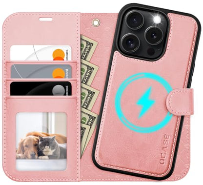 OCASE for iPhone 16 Pro Case Detachable Wallet Case with Card Holder, 2 in 1 Pu Leather Flip Folio with RFID Blocking Stand Wrist Strap Shockproof Phone Cover 6.3 Inch 2024, Light Pink | PU Leather, RFID Blocking, Wireless Charging, Card Holders, Kickstan