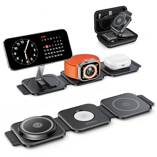 Travel Essentials for Apple Watch Charger,3 in 1 Charging Station for Apple Devices,Foldable Wireless Charging Station for iPhone 17/16/15/14/13/12, Apple Watch & AirPods with Magsafe Charger Stand - color: Matte Black