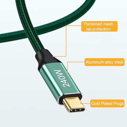 Dual Right 240W USB-C to USB-C Cable 15FT Green, Fast Charging - color: Green, size: 15FT