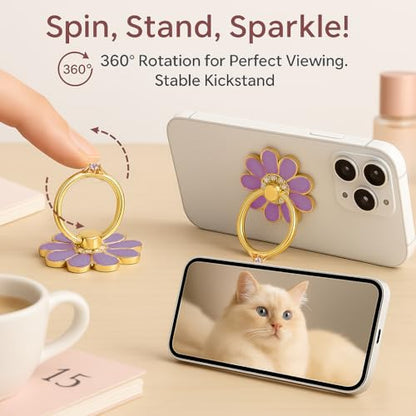 NXVX Daisy Flower Phone Ring Holder, Purple Bling Finger Grip & Kickstand - color: Purple