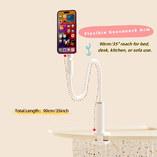LA-5 90cm/35 Inch Magnetic Phone Holder Gooseneck Arm Mount for Bed & Desk, 360° Rotating Overhead Stand Compatible with iPhone 17/16/15/14 Pro Max, Great for Streaming & Zoom (White)