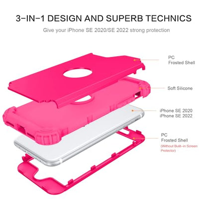 BENTOBEN for iPhone SE 2022 Case and iPhone SE 2020 Case, Heavy Duty 3 in 1 Full Body Rugged Shockproof Hybrid Hard PC Soft Rubber Girls Women Boys Cover for iPhone SE 3rd/2nd Gen, Hot Pink - color: Hot Pink