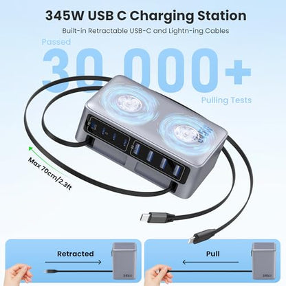 345W USB C Charger 10 in 1 Retractable Wall Charger with 2 Cables,GaN 6 USB C Charging Station Phone Charging PD Laptop Charger Adapter for MacBook Pro/Air,DELL,iPhone17/16/15,Galaxy S24,Android etc - color: Sliver, size: 345W