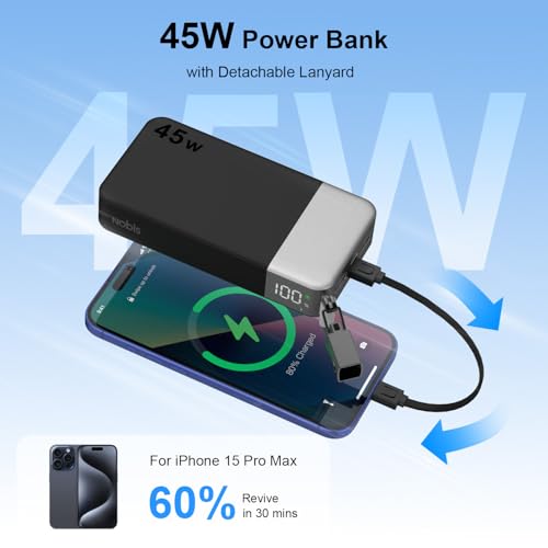 NOBIS Portable Charger 20000mAh 45W Power Bank w/Detachable Cable - color: Black