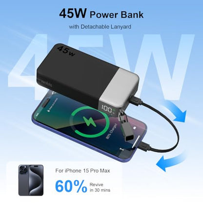 NOBIS Portable Charger 20000mAh 45W Power Bank w/Detachable Cable - color: Black
