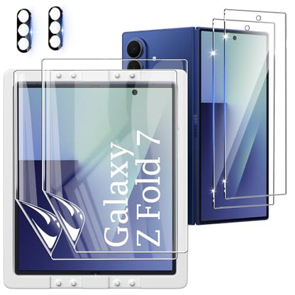 [2Set 6PCS] Screen Protector Compatible with Galaxy Z Fold 7 5G - 2 Inner TPU Film + 2 Outer Tempered Glass + 2 Camera Lens Protectors with Positional Mouting Frame, Bubble Free
