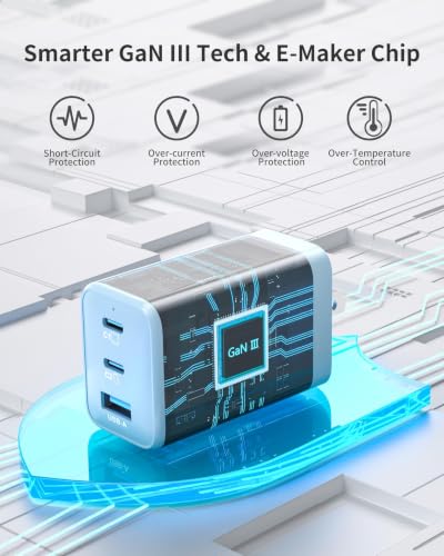 65W USB C Charger GaN, Foldable 3-Port Wall Charger Block, Fast Charging for MacBook Air, iPhone 17/16/15 Series, Samsung Galaxy S25/S24/S23, iPad Pro/Air (Blue) - color: Blue S