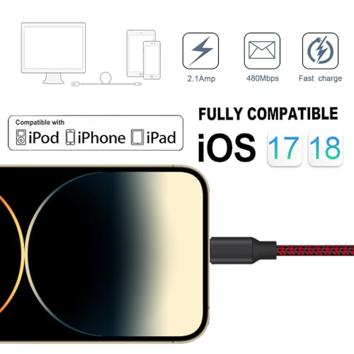 iPhone Charger, Lightning Cable 3PACK 6FT MFi Certified USB Charging Cord - color: Red