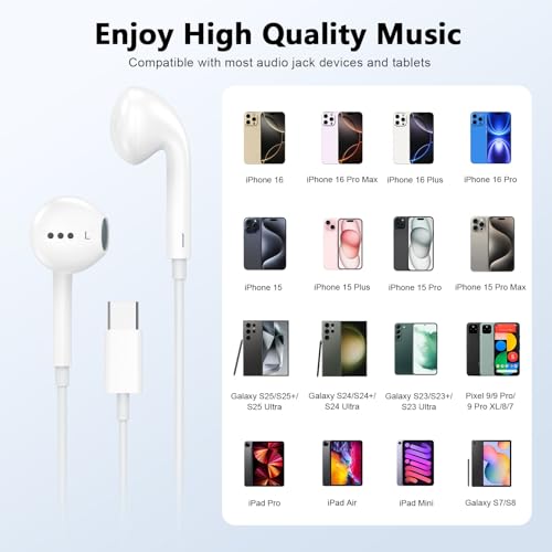 2 Pack USB C Wired Earbuds Headphones for iPhone 17 16 Pro Max 15 in Ear
