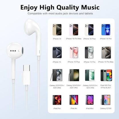 2 Pack USB C Wired Earbuds Headphones for iPhone 17 16 Pro Max 15 in Ear
