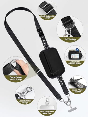 Tiostep Clip and Go Strap for Phone with Wallet Crossbody Phone Lanyard Adjustable and Detachable RFID Wristlet Wallet (Black, Large) - color: Black, size: Large