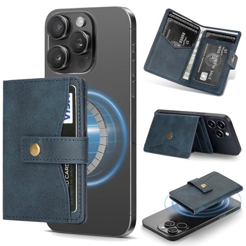 Ultra-Thin Magnetic Wallet and Card Holder (Blue) | Compatible with All Magnetic Protective Case,Premium PU leather, stand function, 6 card slots; Fits iPhone17/16/15/14series - color: Blue