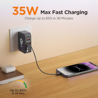 4-in-1 Retractable Wall Charger,35W Ultra-Compact Travel Charger - color: Black