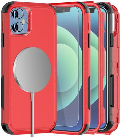Diverbox for iPhone 12 case,iPhone 12 Magnetic case [with Screen Protector and Camera Lens Protector ] 2 Pack [15 FT Military Grade Drop Protection] Heavy Duty Shockproof Phone Case (Red) - color: Magnetic Red