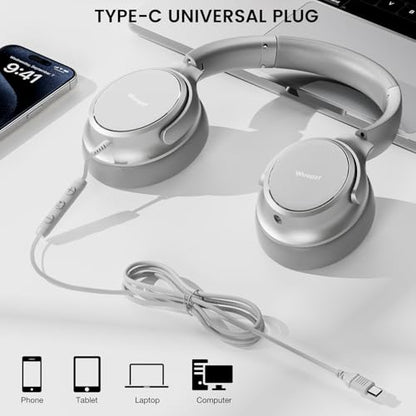 USB C Wired Over-Ear Headphones with Microphone - color: New Silver