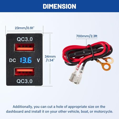 Anina Dual USB Port for Toyota, 12V/24V 18W Quick Power Socket Adapter with Digital Voltmeter Blue LED Light, QC USB 3.0 Square Car Fast Outlet Plug for Corolla RAV4 Tundra Highlander