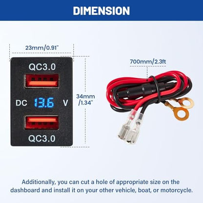 Anina Dual USB Port for Toyota, 12V/24V 18W Quick Power Socket Adapter with Digital Voltmeter Blue LED Light, QC USB 3.0 Square Car Fast Outlet Plug for Corolla RAV4 Tundra Highlander