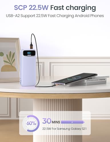 aonidi Portable Charger 12000mAh with Built-in Cables&AC Wall Plug, Purple - color: Purple