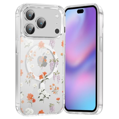 for iPhone 17 Pro Max Magnetic Case Cute Clear Flower Pattern Case, Aesthetic Spring Floral for Girls Women, Soft TPU Clear Slim Anti-Drop Shockproof Protective Phone Cover - Orange Flower - color: Orange Flower, size: iPhone 17 Pro Max