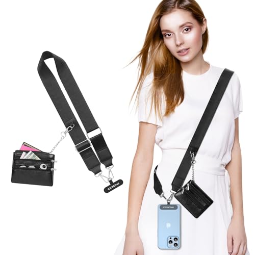 MoKo Universal Phone Lanyard, Phone Crossbody Strap with Detachable Pouch, Adjustable Cellphone Lanyard Crossbody Around the Neck with Patches for iPhone, Samsung, Most Smartphones, Black