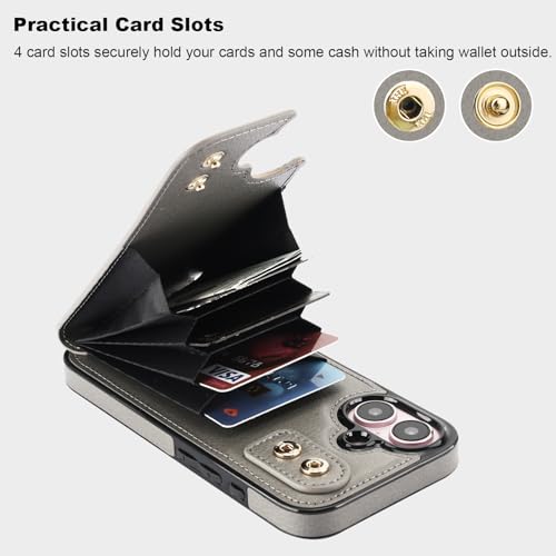 Folosu Compatible with iPhone 16 Case Wallet with Card Holder, 360°Rotation Finger Ring Holder Kickstand, RFID Blocking Leather Protective Double Buttons Shockproof Cover 6.1 Inch Gray - color: Gray