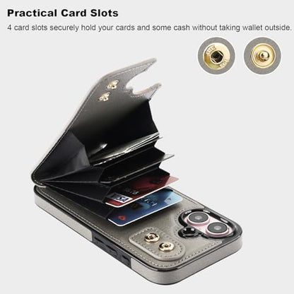 Folosu Compatible with iPhone 16 Case Wallet with Card Holder, 360°Rotation Finger Ring Holder Kickstand, RFID Blocking Leather Protective Double Buttons Shockproof Cover 6.1 Inch Gray - color: Gray