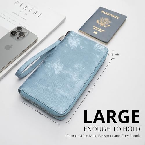 Bveyzi Women RFID Blocking Wallet Leather Zip Around Phone Clutch Large Capacity Ladies Travel Purse Wristlet - color: Ice Blue