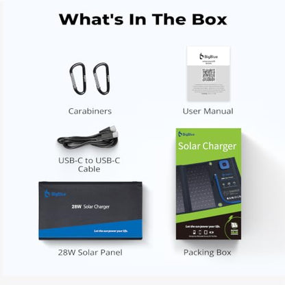 BigBlue 28W Solar Panel Charger with Digital Ammeter, USB-A/USB-C Outputs - color: Black