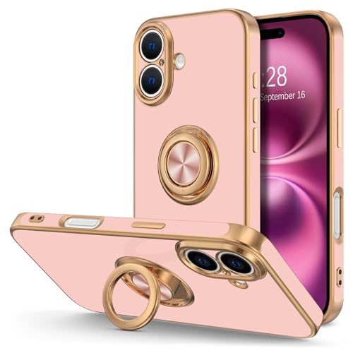 Hython for iPhone 16 Case with Ring Stand, 360° Rotatable Ring Holder Magnetic Kickstand, Plating Rose Gold Edge Soft Cover Protective Phone Case for iPhone 16 6.1", Pink - color: Pink, size: Iphone 16 - 6.1 Inch