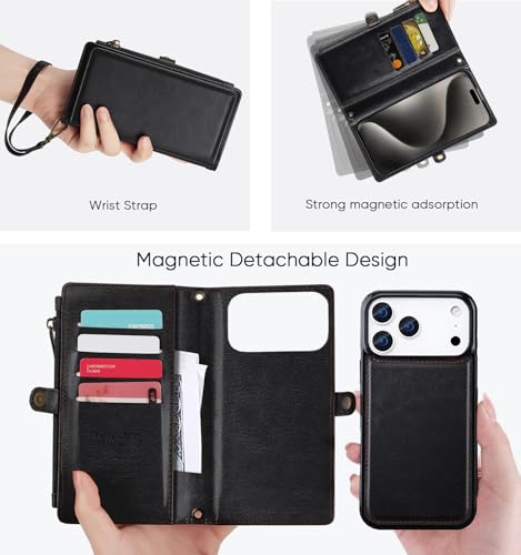 for iPhone 17 Pro Wallet Case, [Compatible with Magsafe] [Magnetic Detachable] [RFID Blocking] PU Leather Case with Card Holder & Crossbody Strap for Women Men, Black - color: Black