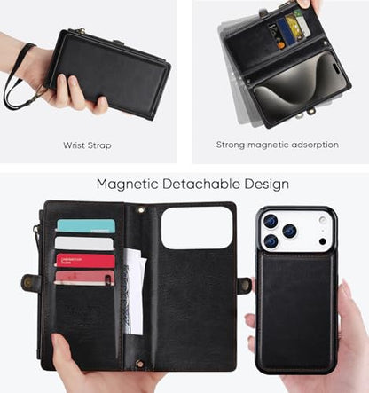 for iPhone 17 Pro Wallet Case, [Compatible with Magsafe] [Magnetic Detachable] [RFID Blocking] PU Leather Case with Card Holder & Crossbody Strap for Women Men, Black - color: Black