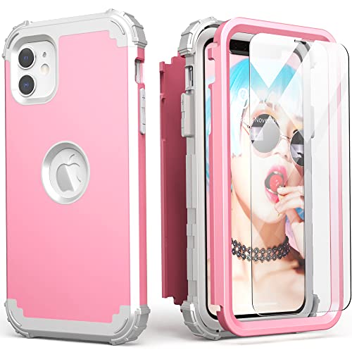 IDweel for iPhone 11 Case with Screen Protector(Tempered Glass), Hybrid 3 in 1 Shockproof Slim Fit Heavy Duty Protection Hard PC Cover Soft Silicone Bumper Full Body Case,Pink/Light Grey - color: Pink/Light Grey