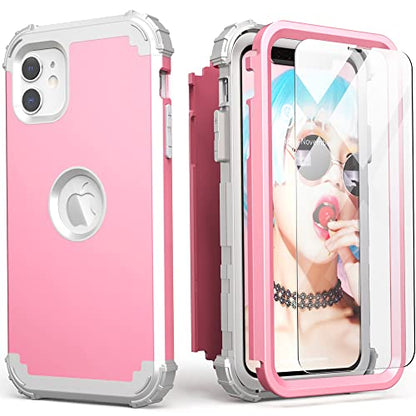 IDweel for iPhone 11 Case with Screen Protector(Tempered Glass), Hybrid 3 in 1 Shockproof Slim Fit Heavy Duty Protection Hard PC Cover Soft Silicone Bumper Full Body Case,Pink/Light Grey - color: Pink/Light Grey