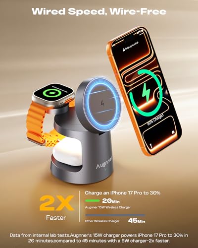 3 in 1 Charging Station for Apple Compatible with MagSafe Foldable Wireless Charger, Magnetic Charger with Night Light for iPhone 18/17/16/15/14/13/12, Apple Watch & AirPods - color: Starry grey