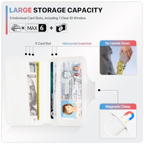 Magnetic Phone Wallet Card Holder for Magsafe Wallet, for iPhone 17/16/15/14/13/12 Series, RFID Blocking, 5 Slots Fit 7 Cards, ID Window, Luxury Leather Mag Safe Wallet for Women Men, White - color: Glossy White