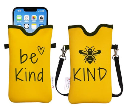 Tainada Neoprene Phone Pouch w/Crossbody, Neck Lanyard (Be Kind Bee) | Lightweight small cellphone pocket holder case carrier; Original design, made in Taiwan; Fits most smartphones in the market - color: Be Kind Bee