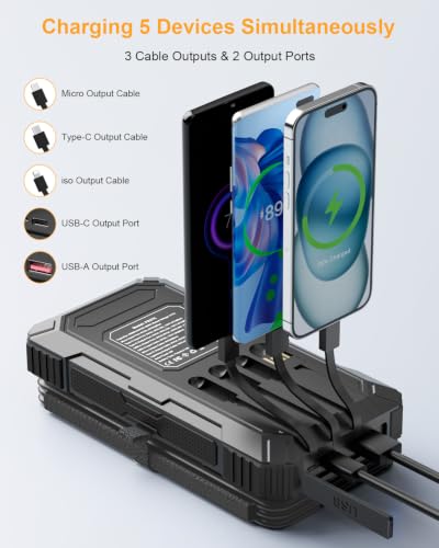 Solar Charger Power Bank 49800mAh with 4 Built-in Cables & 4 Foldable Panels, 22.5W Fast Portable Phone Charger, External Battery Pack with USB-C in/Output & Flashlight for Outdoor Camping - color: Dark grey-black