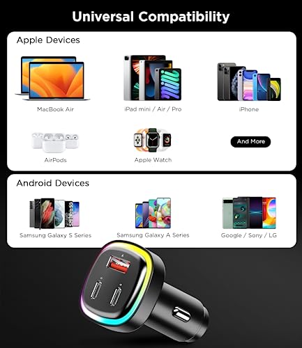 66W USB C Car Charger, [All Metal] 2PD + QC3.0 USB Car Cigarette Lighter USB Charger Adapter with RGB for Samsung Galaxy S23/22/21 iPhone iPad Pro Pixel Android Phones