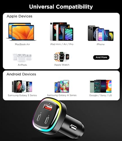 66W USB C Car Charger, [All Metal] 2PD + QC3.0 USB Car Cigarette Lighter USB Charger Adapter with RGB for Samsung Galaxy S23/22/21 iPhone iPad Pro Pixel Android Phones
