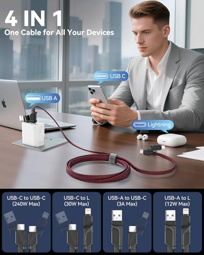 240W USB C to USB C Cable Fast Charging,2Pack 4FT 4 in 1 Charging Cable - color: Red2