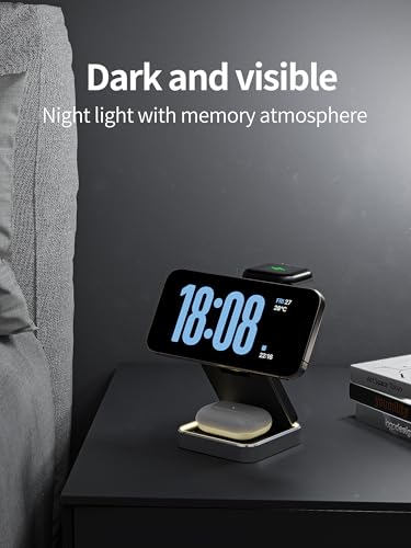 3 in 1 Wireless Charging Station Magnetic Wireless Charger,Portable Foldable Travel Essential with Nightlight Fast Charger Stand for iPhone 17 Pro Max/17 Pro/17Air/17/16/15/14/13,AirPods&Apple Watch - color: Black