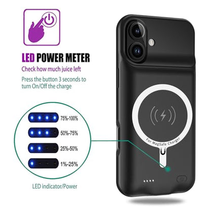 Wireless Charging Case for iPhone 16 Plus, 12000mAh High Capacity Portable Rechargeable Battery Case Qi Wireless Charging Compatible with iPhone 16 Plus (6.7 inch) Extended Battery Charger Case-Black - size: iPhone 16 Plus (6.7 inch)