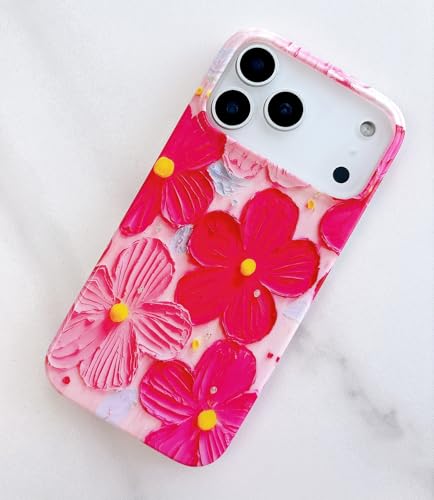 Qokey Case for iPhone 17 Pro Max, Cute Exquisite Stylish Artistic Printed Flower Laser Beam Glossy Pattern Durable TPU Protective Phone Cover for Girls Women, Pink Rose - color: Rose Pink Artistic Flower