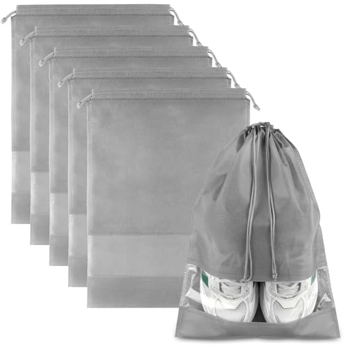 Grey Travel Shoe Bags - 5 Pcs Non-Woven Packing Bags with Clear Window | 15.7" x 11.8" Waterproof Dustproof Portable Travel Shoe Storage Bag for Men and Women - color: Grey, style: 5 Pack