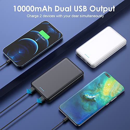 [2 Pack] Portable Charger Power Bank 10000mAh,Ultra Slim Compact External Battery Pack with USB C Input & Dual USB Outputs Backup Charger Compatible with iPhone 13,12, Samsung S20,Tablet -Black+White - color: Black+White